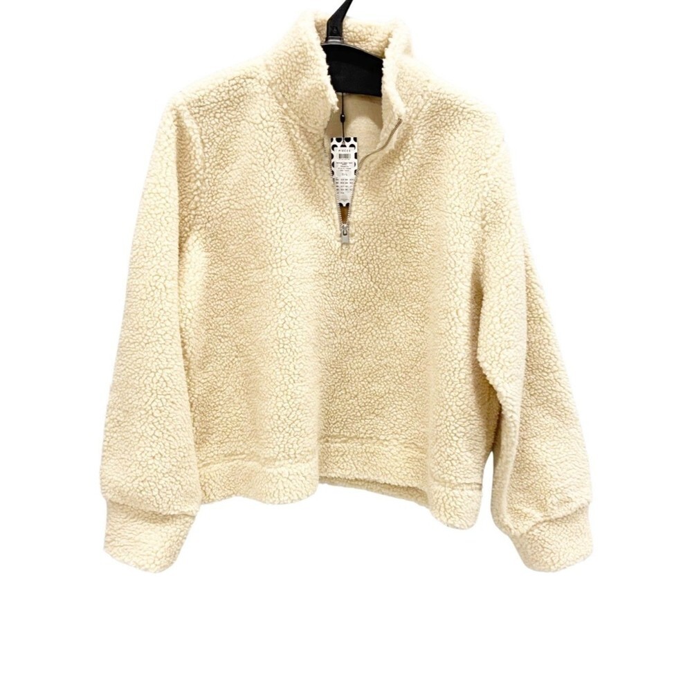 PIECES | NWT Half-Zip Cream Teddy Sherpa Pullover, Size EU Large